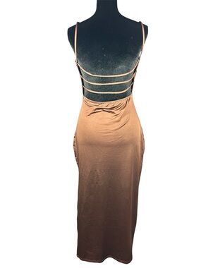 Vibe Sportswear Brown Satin Maxi Dress Cowl Neck Strappy Open Back Size L